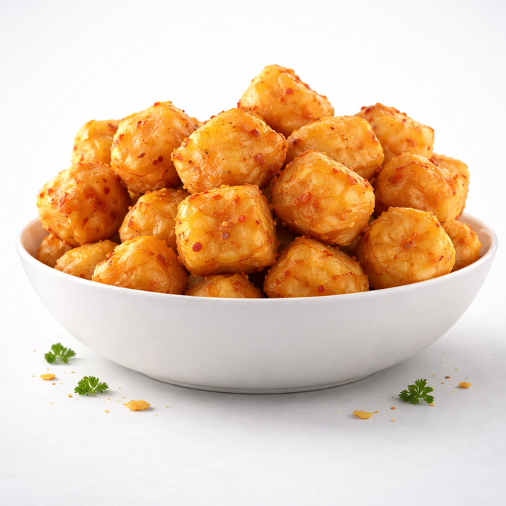 Bowl of Chilli Garlic Potato Shots with a white background