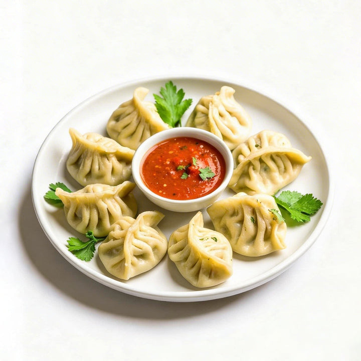 Chicken Momos in plate with red chutney 