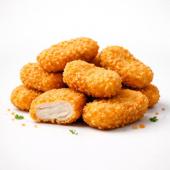 Stack of golden-brown fried chicken nuggets on a white background