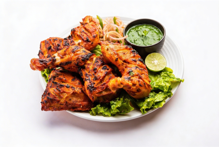 Plated dish of grilled chicken with green sauce and lime on a white background