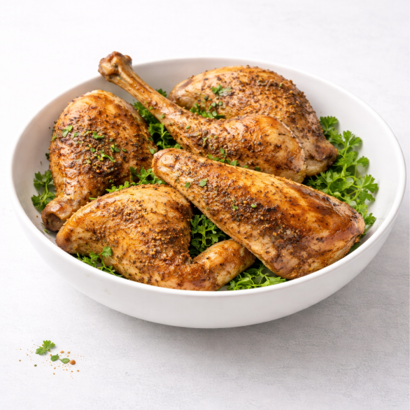 Roasted chicken pieces on a bed of greens in a white bowl on a light background