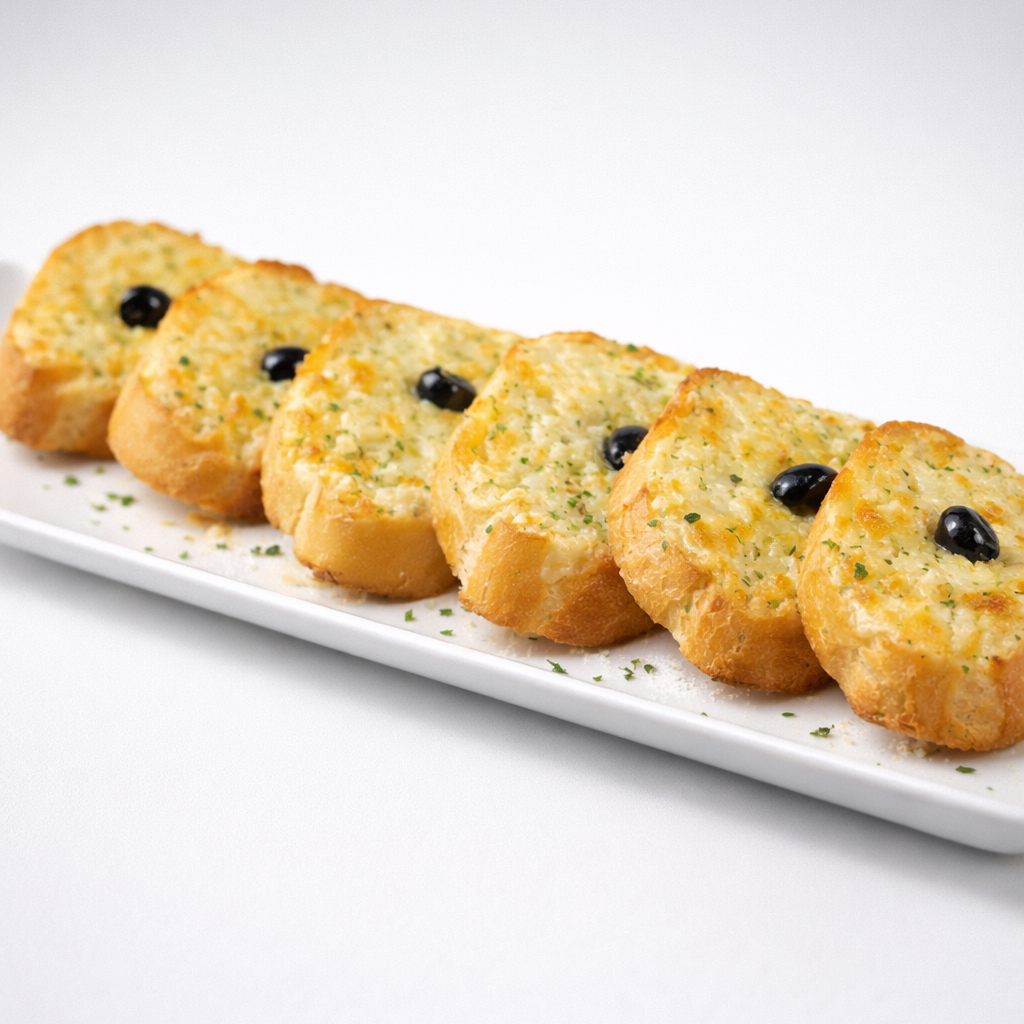Bread slices with black toppings on a white plate against a light gray background