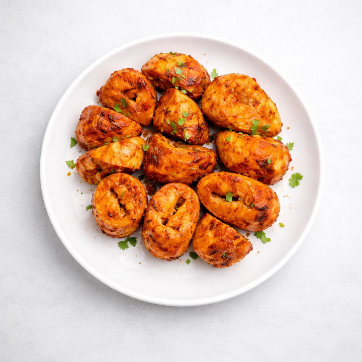 Platter of roasted soya chaap on a white background
