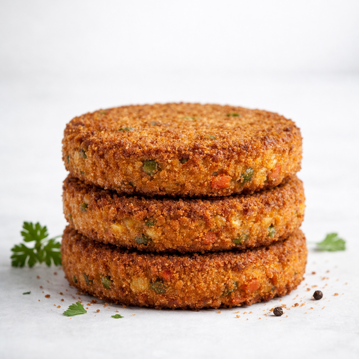 Stack of three vegetable patties on a light background VEGGIE BURGER PATTY